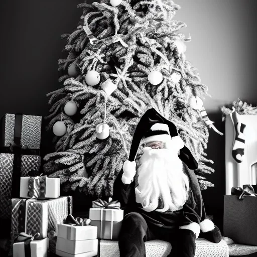 black and white, sepia, toddler, Christmas tree, dystopian, Santa with cone shaped hat, presents