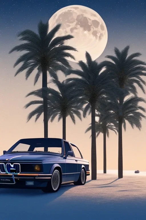 1980's aesthetic vaporwave palm trees with lighting with moon with bmw in the winter snow