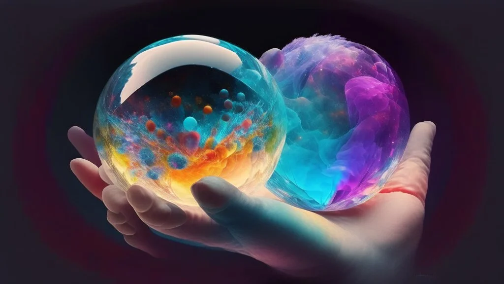 Chrystal ball to look into the future, hands around the ball, smoke appearing inside the ball, pink, dark blue, orange, yellow, aqua blue, very detailed and realistic