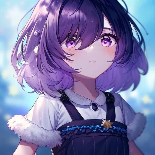 Clear focus, High resolution, A anime kid, cute, rough line skecth, hard shading, stars around 1girl, short dark cyan hair, fluffy short fluffy cut, purple eyes, hair covering both eyes, detailed hair lots of hair