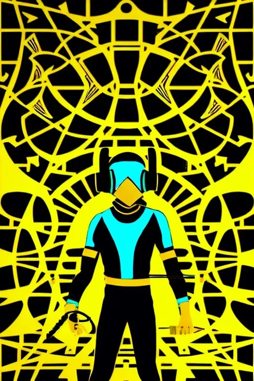 Geometric 3D tiling on the background, Egyptian. Bronze color, Yellow, Black Cyan photograph Cyber-punk, full-mask, big old AKG headphones, golden rings & disc, fencing mask. Selfie archer. Asa Akira, lightly armored, electronic circuits. Thick tights, thick calves, bend fell, wide hip, flat belly. Ancient artifact attached. Perfect body. Matrix movie clothes, Silver leather area, tippet, latex. Wicked sneakers. Daft Punk, Tron Movie. 1990's, old telephone microphone. Haute Couture