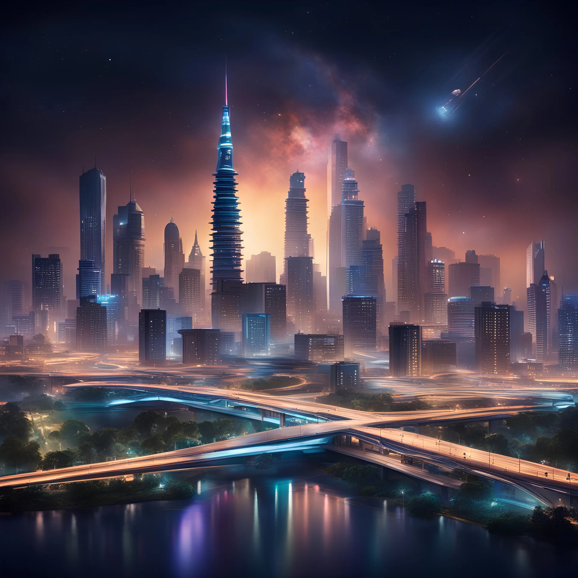 Generate a futuristic rendition of the Chennai skyline at night, with illuminated skyscrapers, glowing bridges, and sleek futuristic transportation systems and its floating in the Galaxy