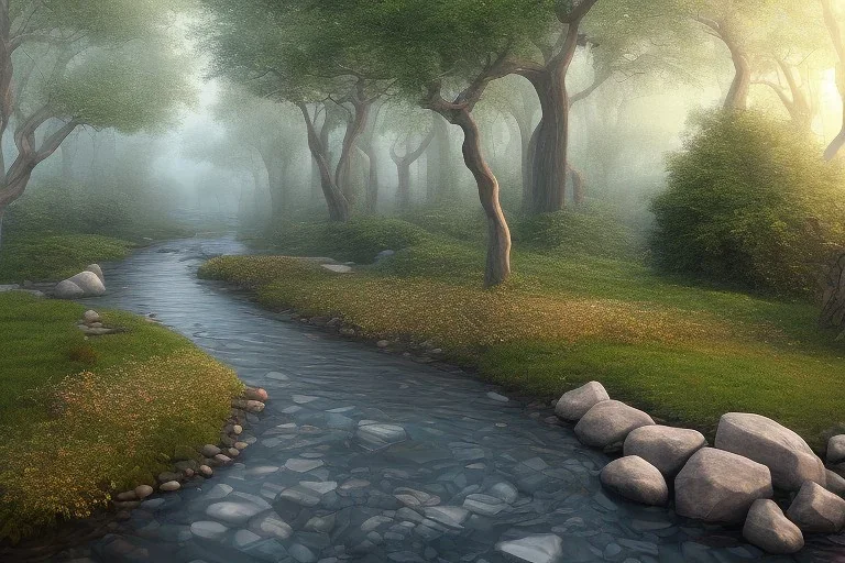  winding stone path lit river