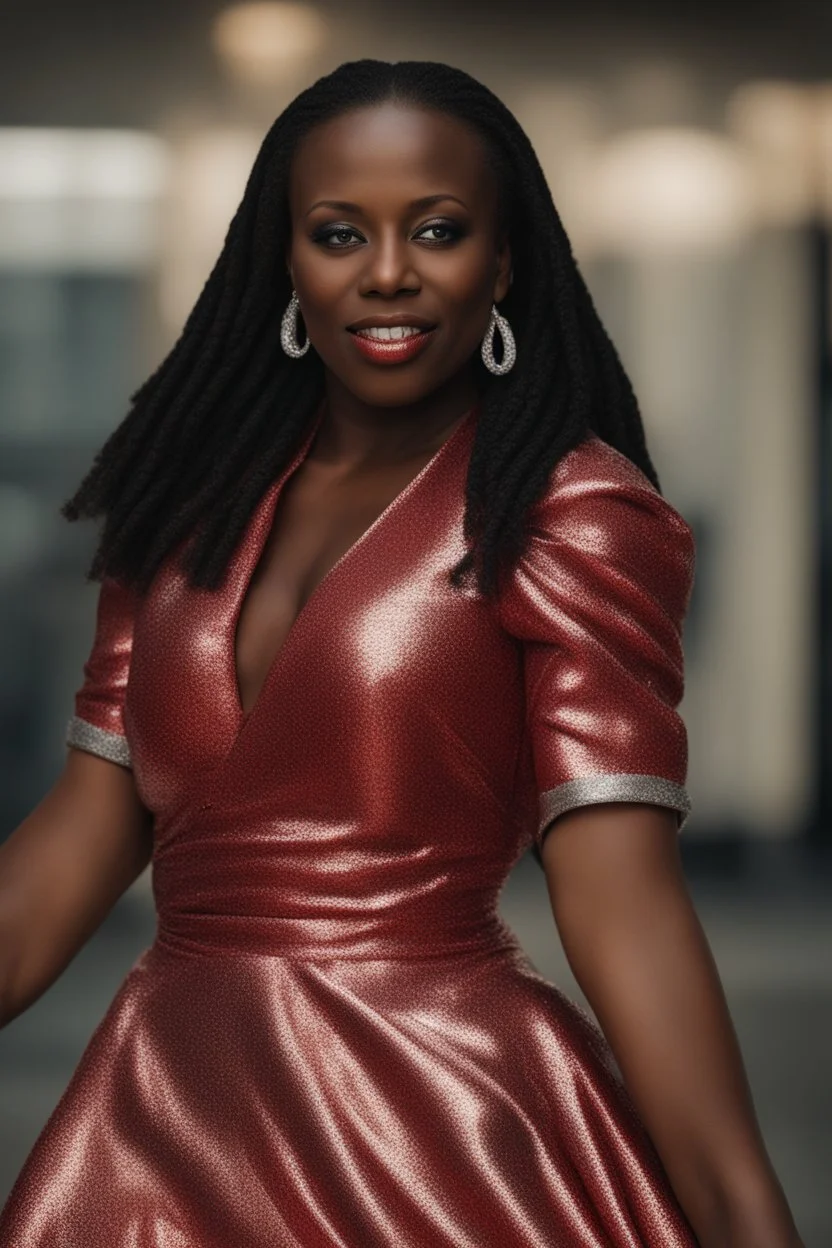 Portrait of a black woman wearing stylish red and silver dress.