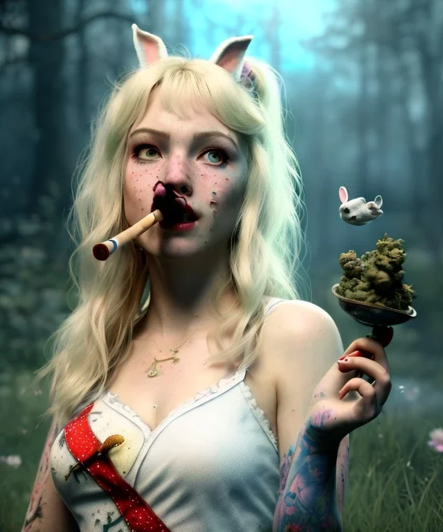 Ultra realistic wonderland photo, happy blonde woman smoking a pipe, blue dress, white rabbit pet, circus dress style, old school tattoo, smoke, marijuana garden, glow eyes, perfect iris, soft color, highly detailed, unreal engine 5, ray tracing, RTX, lumen lighting, ultra detail, volumetric lighting, high definition.