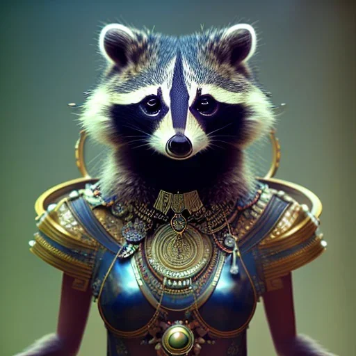 award winning portrait of a female anthropomorphic raccoon with tribal and metallic jewelry. character design by cory loftis, fenghua zhong, ryohei hase, ismail inceoglu and ruan jia. unreal engine 5, artistic lighting, highly detailed, photorealistic, fantasy