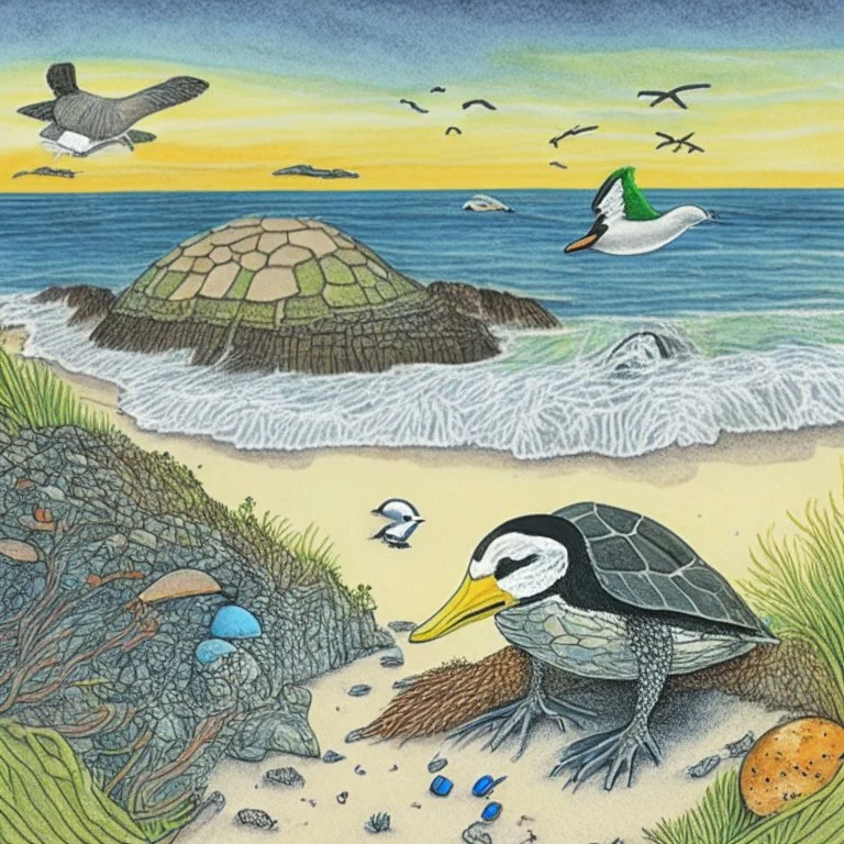 A color drawing of a detailed beach with a turtle and puffin birds