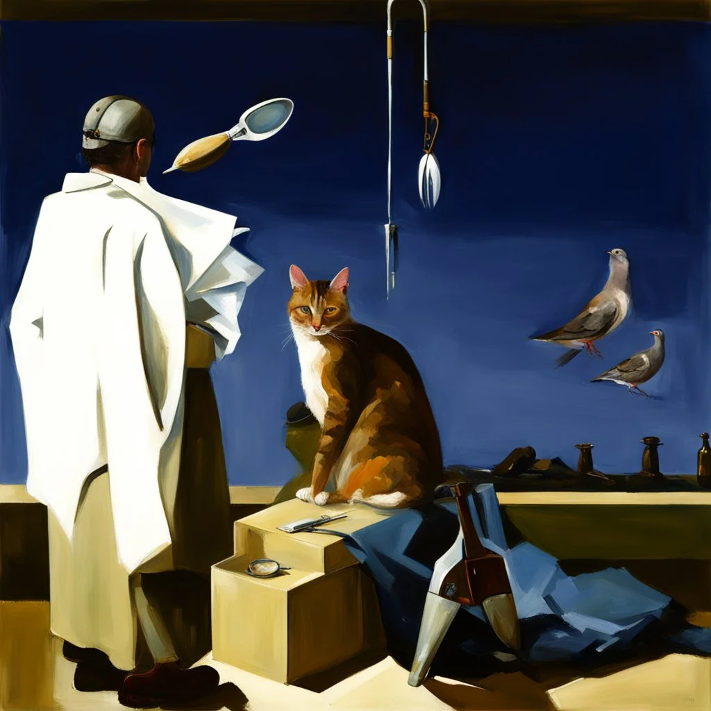 a cat and human flesh-like surgical instruments and universe-like a pigeon and neuralink, surrealism,minimalism,Painting By Adrian Ghenie, Rene Magritte, Salvador Dali, Lucian Freud