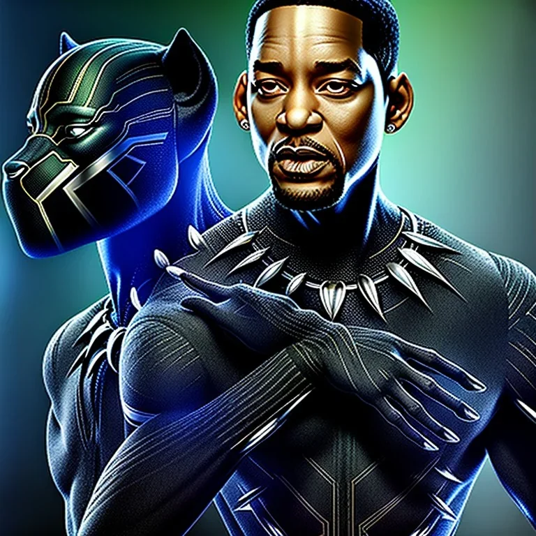 portrait, will smith in black panther suit, intense stare, dark forest, dynamic lighting, 8k, ultra detailed