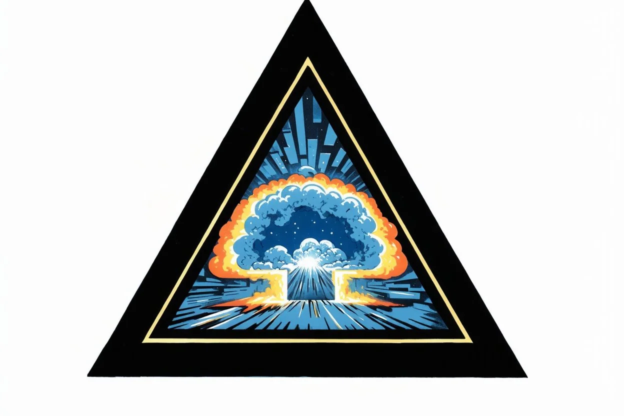 a nuclear explosion cloud, behind an orange glowing omega like shape, all inside an equilateral triangle opening, that is like a doorway to a different world, radiant lines, 1960s commercial illustration