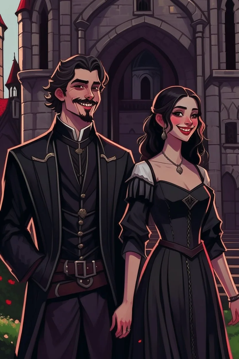 Strahd von Zarovich smiling, dressed in black and Ireena Kolyana frowning, wearing a wedding dress standing outside Castle Ravenloft in the illustrated style of dungeons and dragons