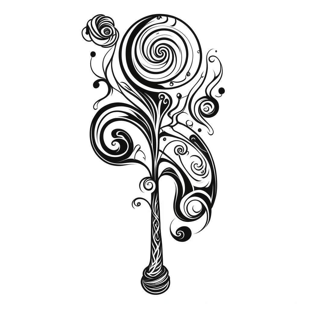 Make black and white cute drawing of a Wizard's Staff with black bold lines. Only outline, no grayscale. A tall wooden staff topped with a glowing crystal or orb. Decorate the staff with spiraling patterns, leaves, or dangling charms.