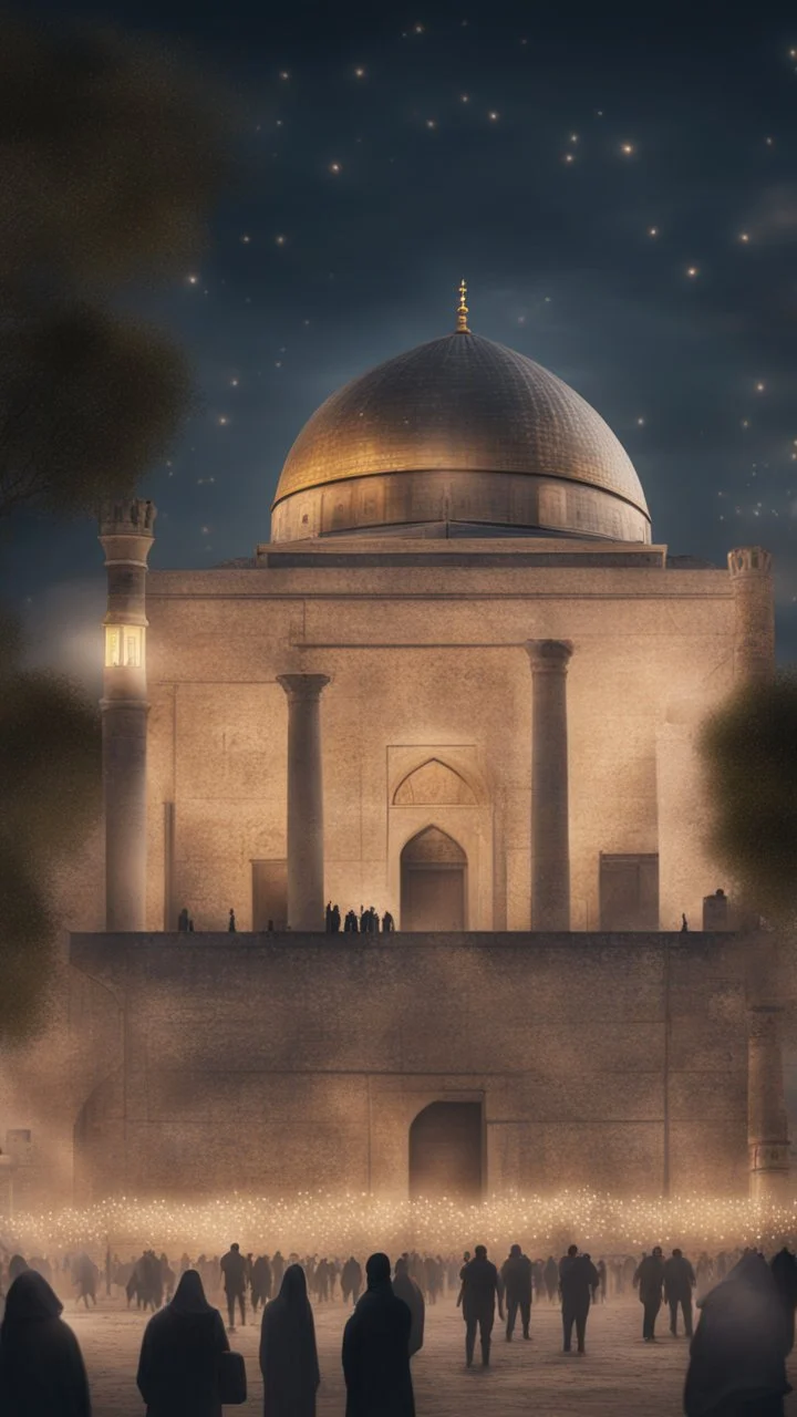 Hyper realistic celebration outside Al-Aqsa Mosque with garland light at night