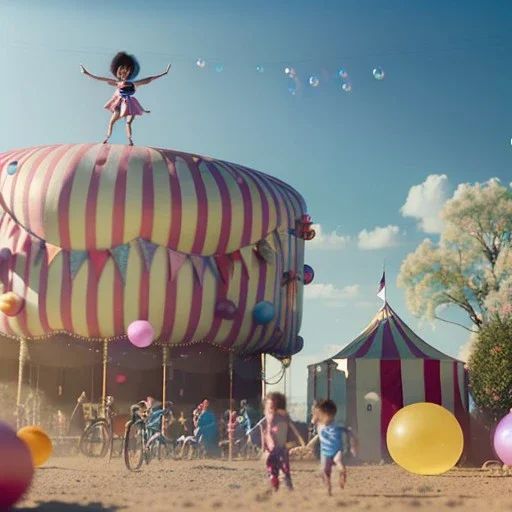 Ultra realistic circus scene. Sweet big hair monster floating. Child’s playing, smile. happy, color bubbles, smooth color, waist up view, Wes Anderson style, a lot of people background, highly detailed, concept art, unreal engine 5, god rays, ray tracing, RTX, lumen lighting, ultra detail, volumetric lighting, 3d, finely drawn, high definition, high resolution.