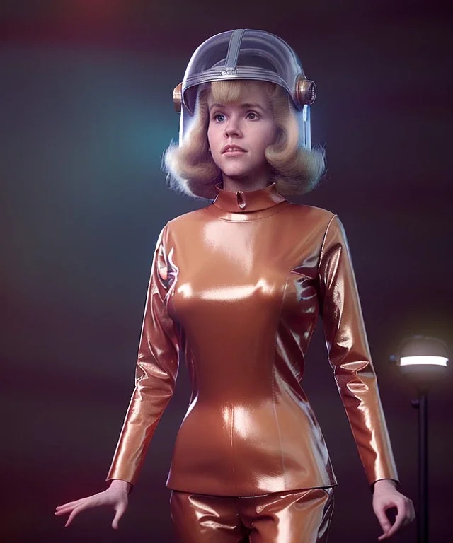 Ultra Realistic retro sci-fi image of 1960, many people looking to sweet teenager Jane Fonda, dress with tight latex coat and retro glass helmet, Retro sci-fi style, soft color, highly detailed, unreal engine 5, ray tracing, RTX, lumen lighting, ultra detail, volumetric lighting, 3d, finely drawn, high definition, high resolution.