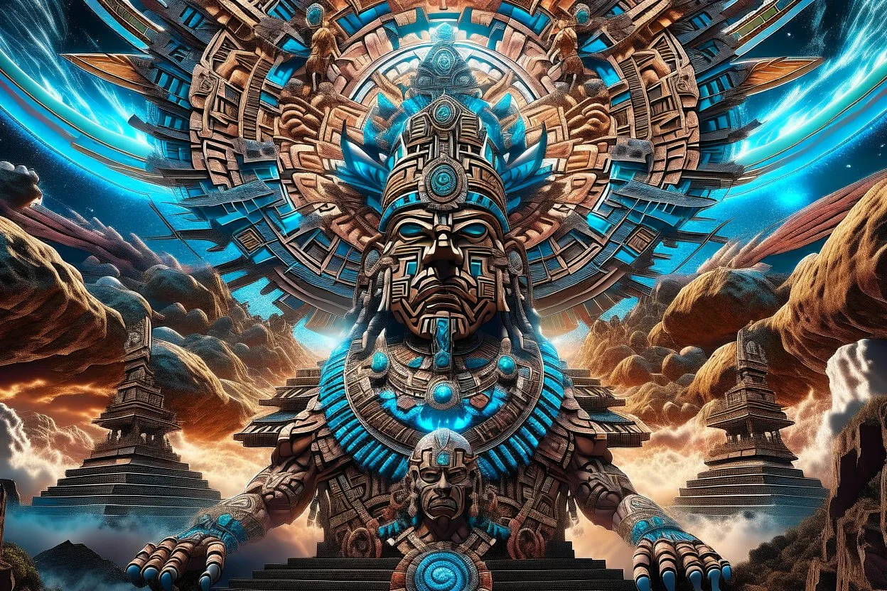 photorealistic Aztec God, galactic multiverse, infinity vanishing point, gigantic exoplanet hyperboloid quasar thunderstorm