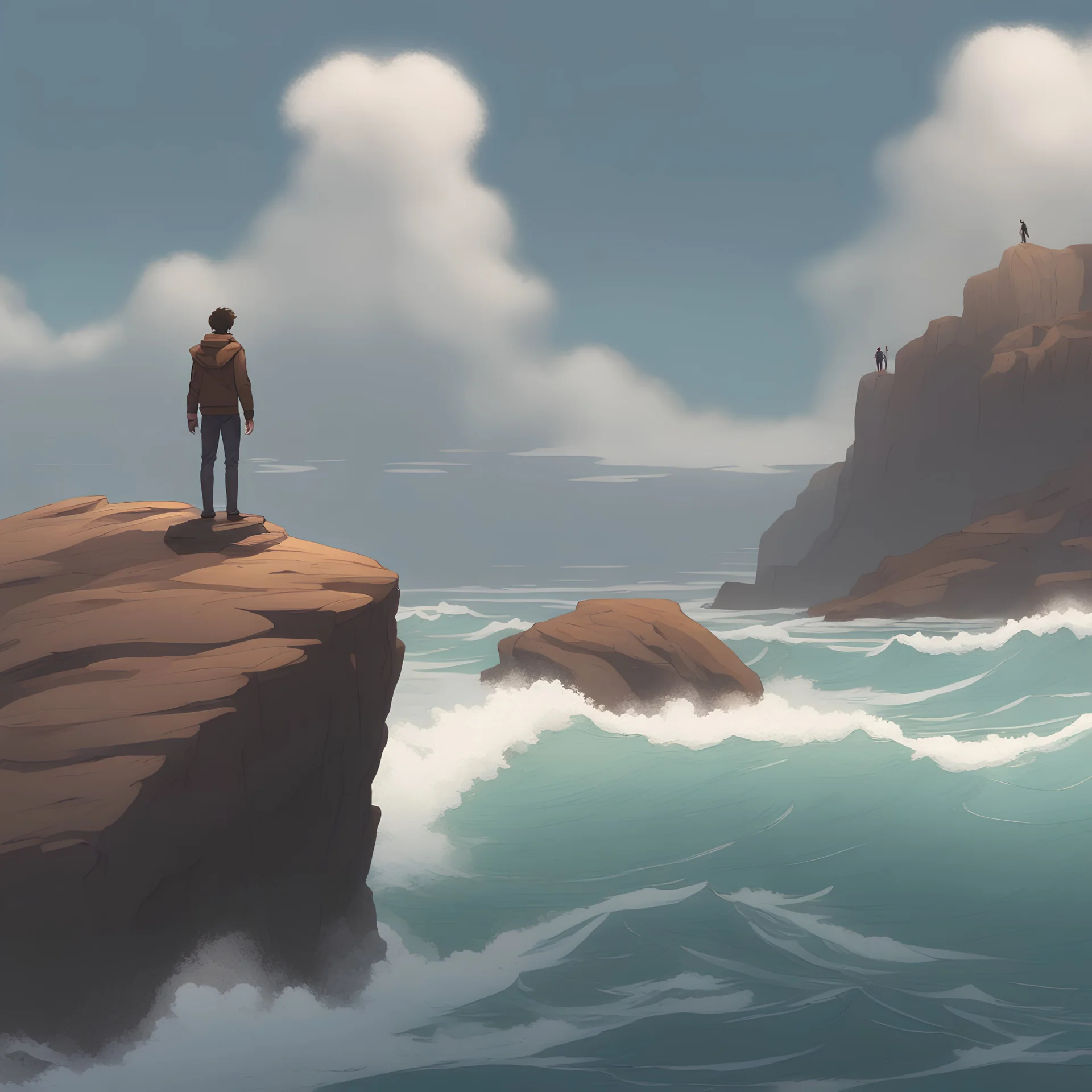 Person standing on a solitary rock in the ocean as waves crash down, artstation, intense