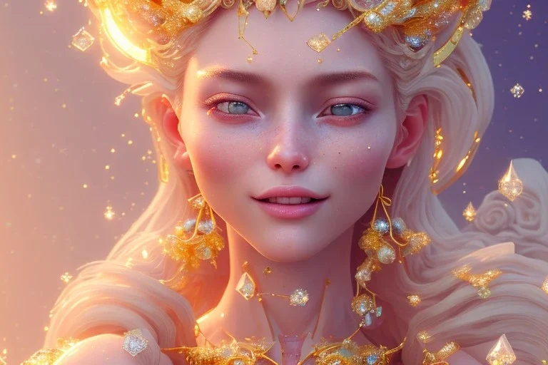 very beautiful crystal and gold goddess in a galactic ambiance, nice smiling, transparent petals, delicate colors, full of details, smooth, bright sunshine，soft light atmosphere, light effect，vaporwave colorful, concept art, smooth, extremely sharp detail, finely tuned detail, ultra high definition, 8 k, unreal engine 5, ultra sharp focus