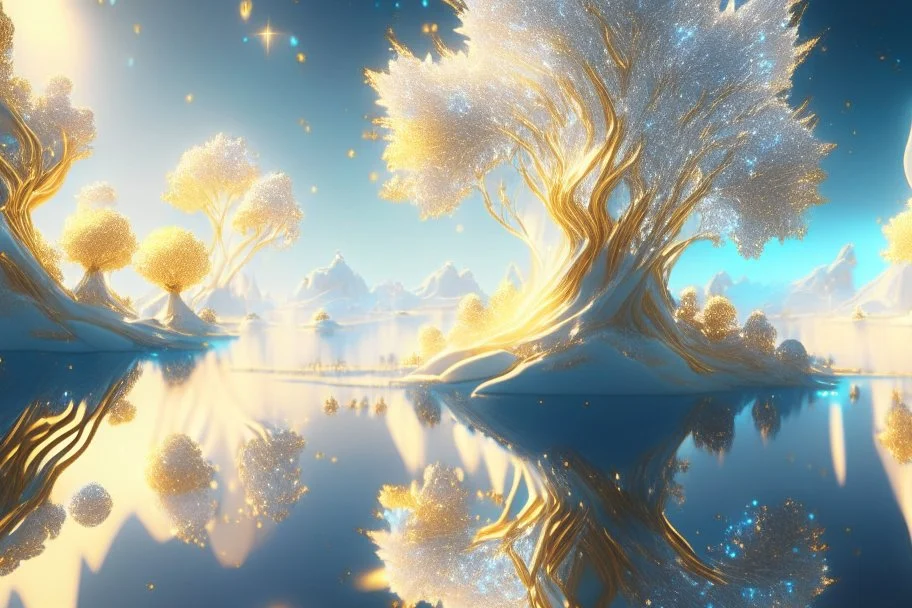 white and gold crystal cosmic and galactic ambiance sky trees river lake surreal, full of details, smooth, bright sunshine，soft light atmosphere, light effect，vaporwave colorful, concept art, smooth, extremely sharp detail, finely tuned detail, ultra high definition, 8 k, unreal engine 5, ultra sharp focus