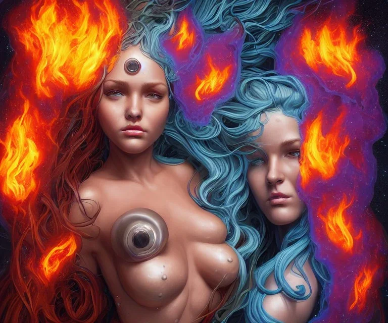 Four doll divine representing each, one of each of the elements of the four elements: Fire: Earth: Air: Water. Four female figures. Mark Brooks and Dan Mumford, comic book art, perfect, smooth elemental galactic space core. Detailed photograph, WLOP, Unreal Engine 5 volumetric lighting. Insanely intricate face, soft hair, hyper detailed painting by Ismail Inceoglu Huang Guangjian and Dan Witz Central fantasy art album cover art resolution HD