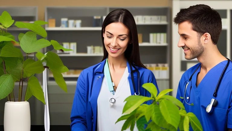 male and female doctor with stethoscope examining bunch of herbal plants and smiling