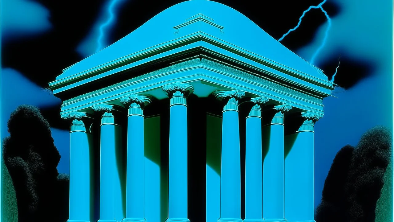 A temple with cyan lightning painted by Andy Warhol