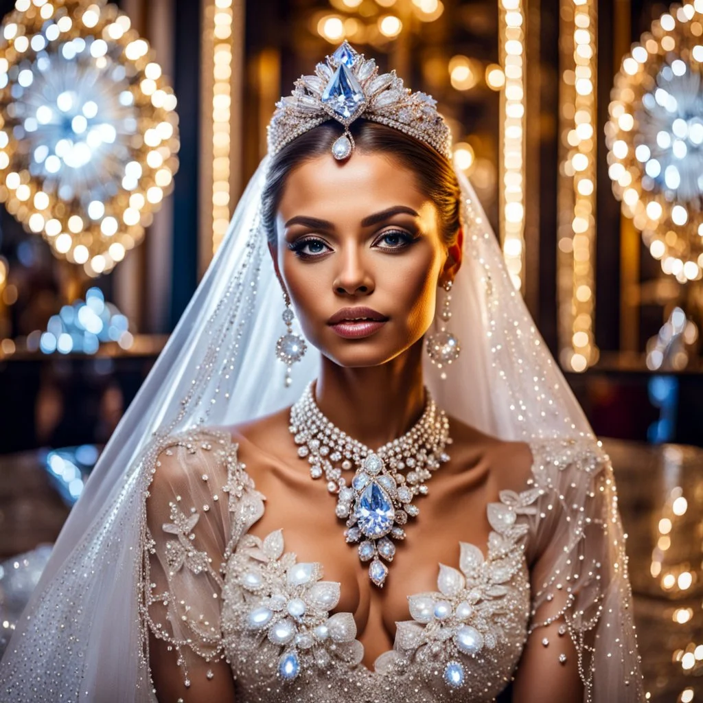 very beautiful fachion lady sitting inside a very big fantezy diamond wearing nice bride, lights reflecting on diamod and her jewels