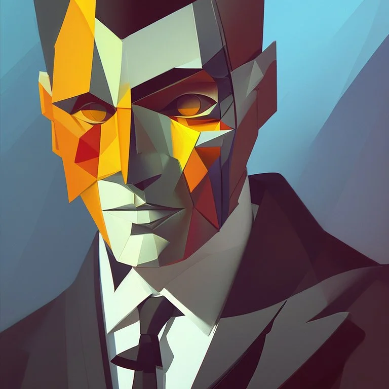 a painting of a man in a suit and tie, a cubist painting by Stanton Macdonald-Wright, Artstation, cubo-futurism, cubism, angular, constructivism