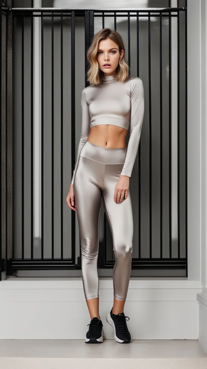 satin leggins, lycra leggins, satin top, lycra top, short wavy bob haircut, thin body