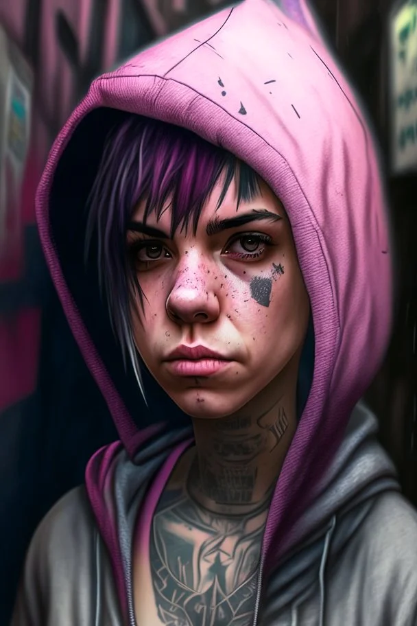 1girl, hoodie, arm tattoo, portrait, asymmetrical bangs, bandaid, short hair, bangs, breasts, freckles, grey eyes, large breasts, looking at viewer, neck tattoo, nose piercing, pink hair, scar, scar on face, solo, tattoo on face, upper body, detailed background, town, alley, dark alley, portrait, hood on head, night, angry, close up, closed mouth, , ((masterpiece)), absurdres <lora:arcane_offset:1>