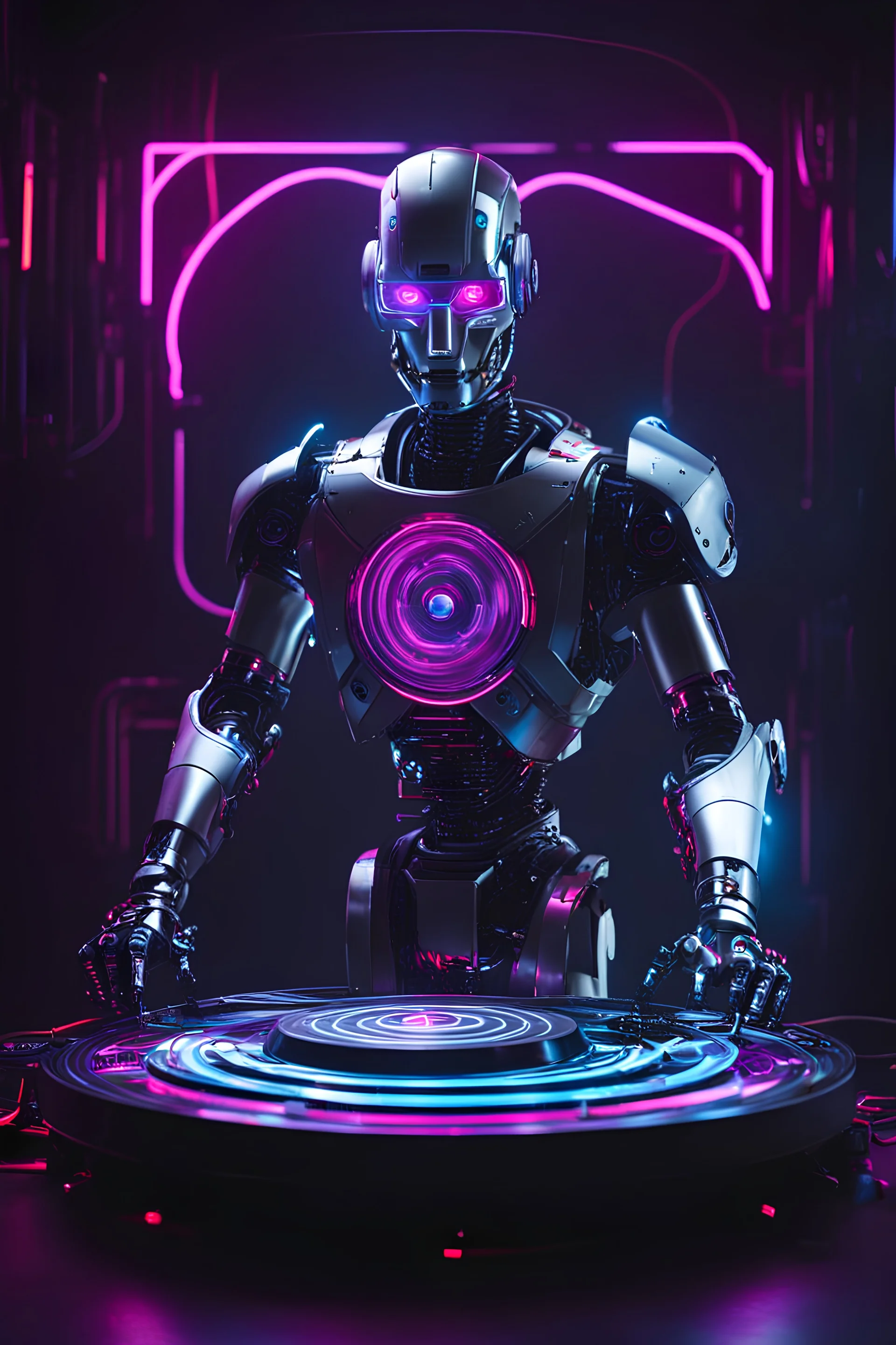 Cyborg robot playing turntable dj pleyer in a dark neon room