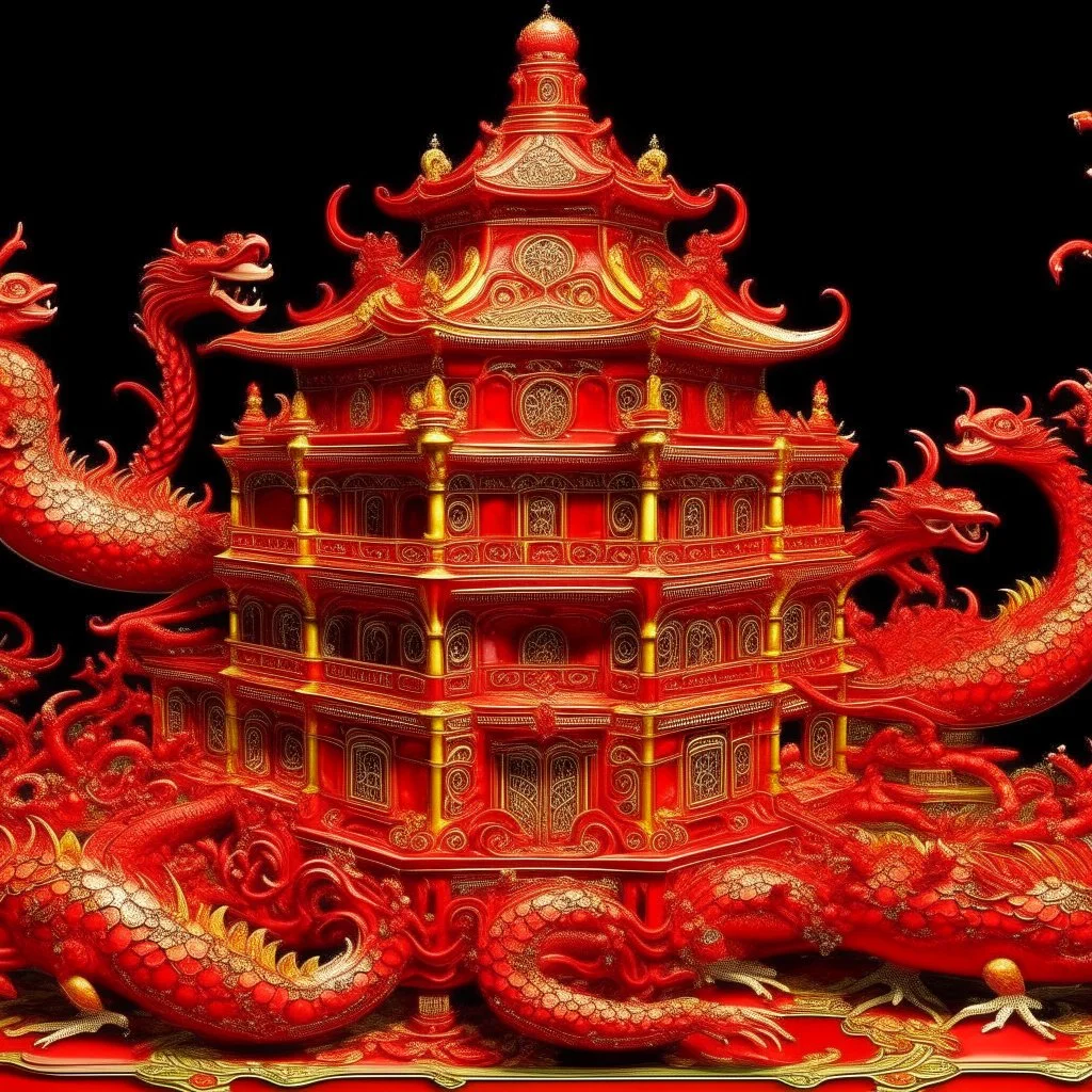 A red palace with pepper dragons designed in Chinese paper art painted by Peter Carl Faberge