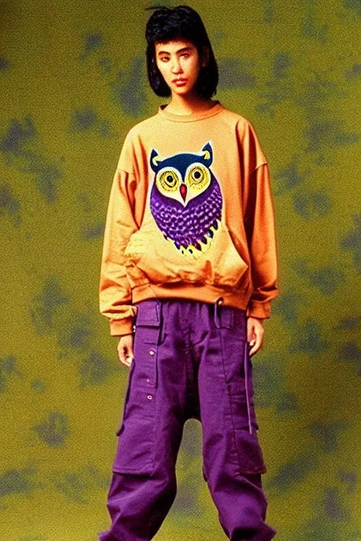 year 1994 fashion. Loose fit, "combat pants" with low waist, baggy, Combat pants, t-shirt and interesting hoodie. Colors: denim blue, blue, purple, khaki, light green, lilac, plum, orange, terracotta, red, pink, dark blue, beige. Women models. Patterns: owl, Sturnus vulgaris pattern prints.Jennifer Lopez, Gwyneth Paltrow, . Big tennis shoes on. Cargo pants.