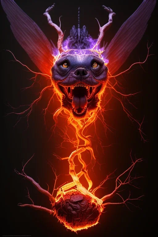 Full body photography of ethereal ANGRY PET , Fire theme art, Dark moody night atmosphere, by Michelangelo, 8K, high body details, anatomically perfect body, oak tree roots, purple, red,