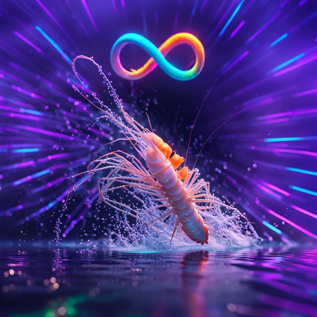 infinity symbol ∞ with vibrant powerful shrimp jumping out of the water, striking, neon, chiaroscuro, dramatic, captivating, powerful, fantasy, beautiful, octane render, 16k post-production, artstation: award-winning: atmospheric: commanding: fantastical: clarity: ultra quality: striking: brilliance: stunning colors: amazing depth; lens: f/11, 35mm