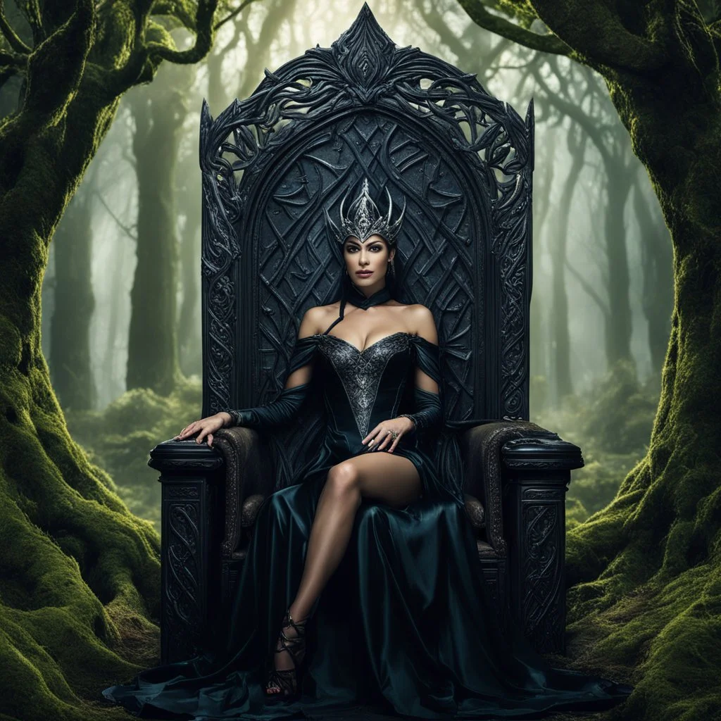 Morena Baccarin as a beautiful sexy dark elf queen seated elegantly on a throne in a mystical forest, dark celtic vignette frame, photo-realistic, cinematic lighting, award-winning photography