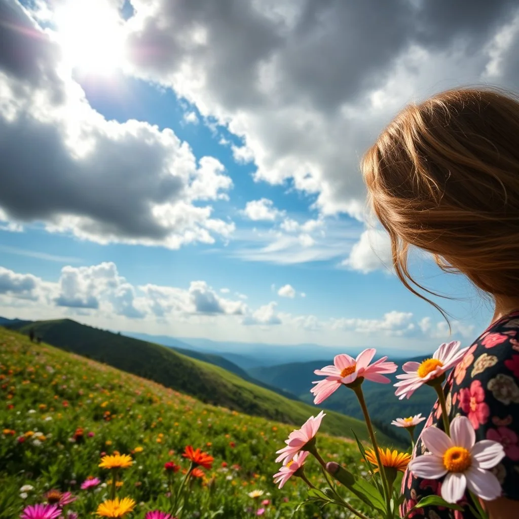 beautiful Green hills covered with flowers colorfull ,blue sky heavy clouds with godray ,very nice flowers at closeup ,wonderfull mountains at distance,beautiful lady clibming at hills