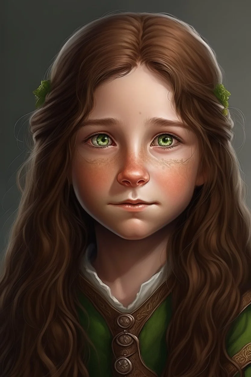 Portrait of female halfling with long Brown hair, green eyes, 40 years