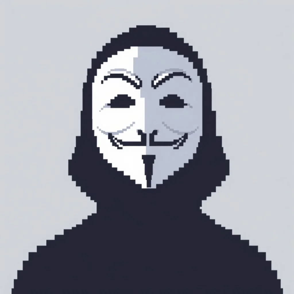8 bit pixelart of a shadow figure with a white smooth wide smiling mask , noseless opera mask, no nose holes, no nose, guy fawkes