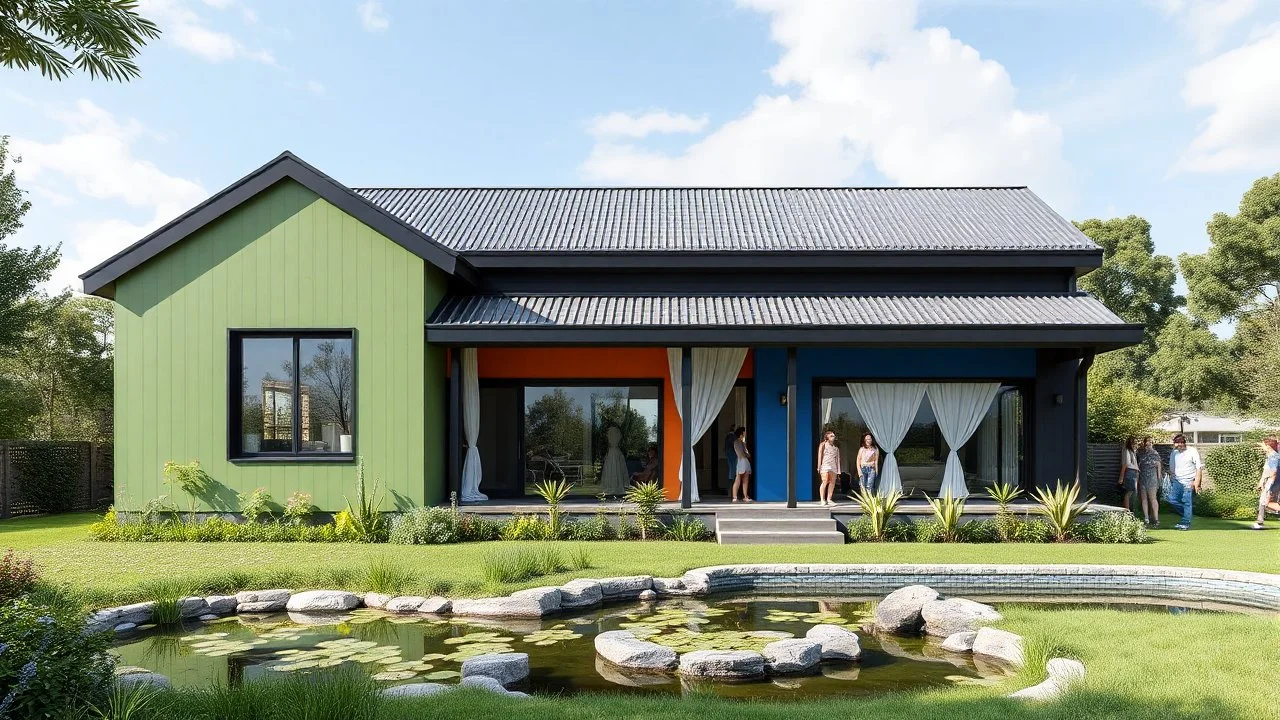 Single-family house with green, orange and blue colours, with black exterior structure. With light elements of white fabric. With pond or pool and some people.