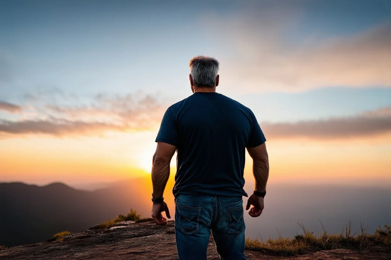 a brawny man with grey hair views sunset from a cliff