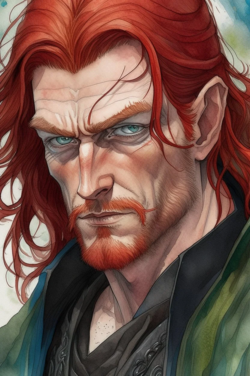 dnd, fantasy, watercolour, large strokes, stylistic, portrait, illustration, dull colours, male, face, narrow long face, weathered face, green eyes, determined, happy, red hair, very long hair streaming down the shoulders, radiating light, five o'clock shadow