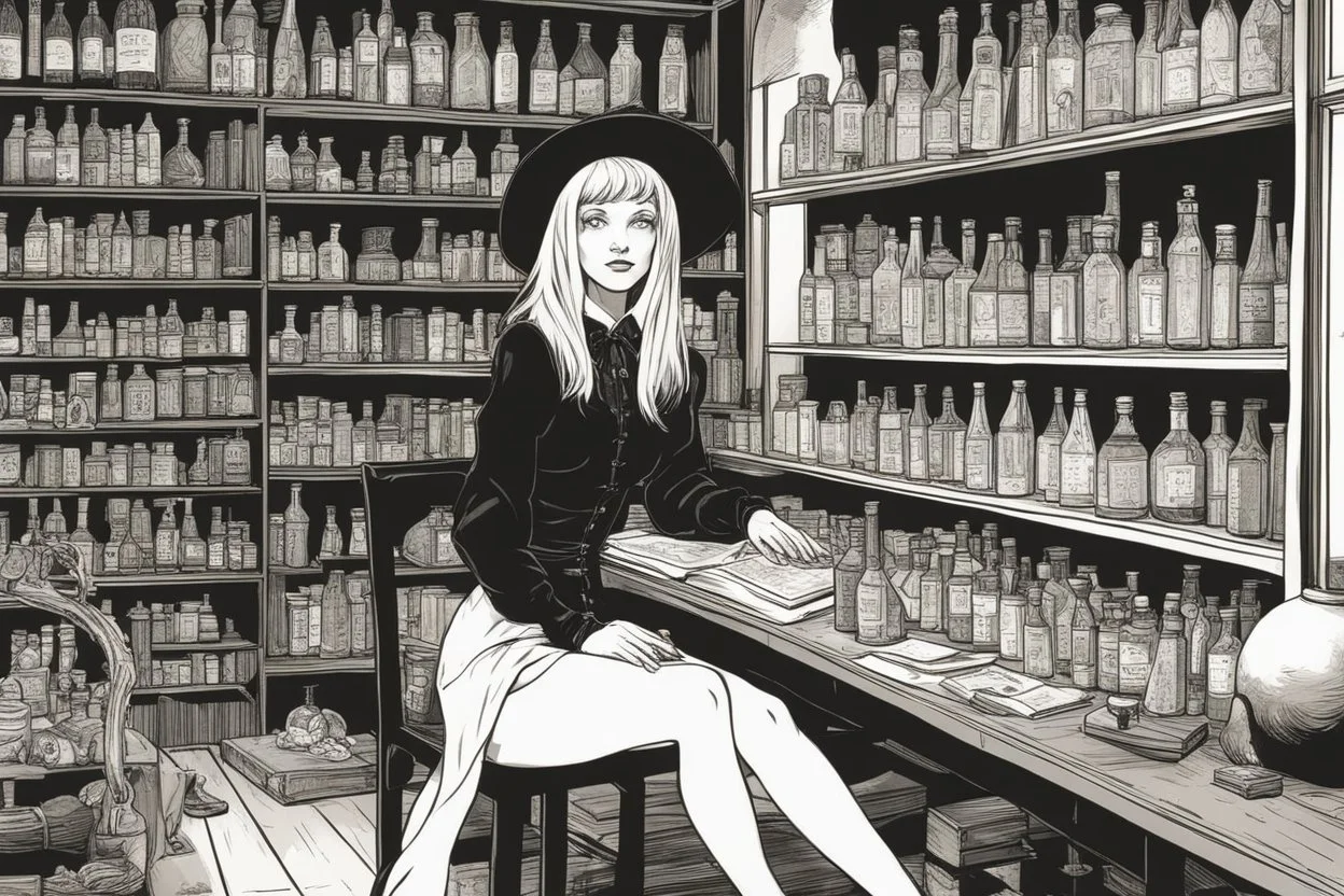 full-height shot of a young witch in a tight black short skirt, inside a large magic shop, sitting at a desk, shelving, bottles, windows