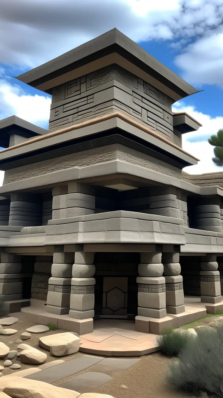 A gray monastery made out if steel designed in Ica stones painted by Frank Lloyd Wright