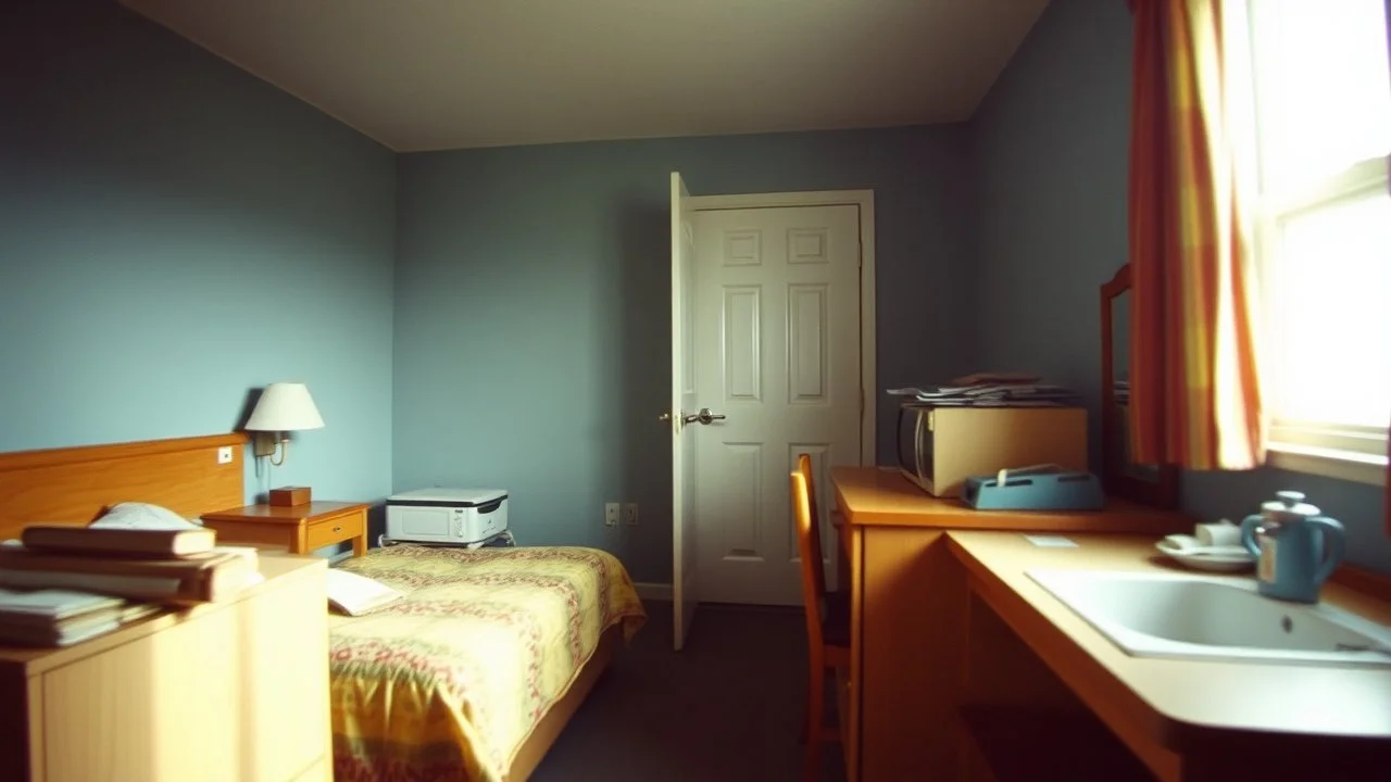 inside messy cheap motel room, bright light, empty room, grainy candid photograph, documentary style