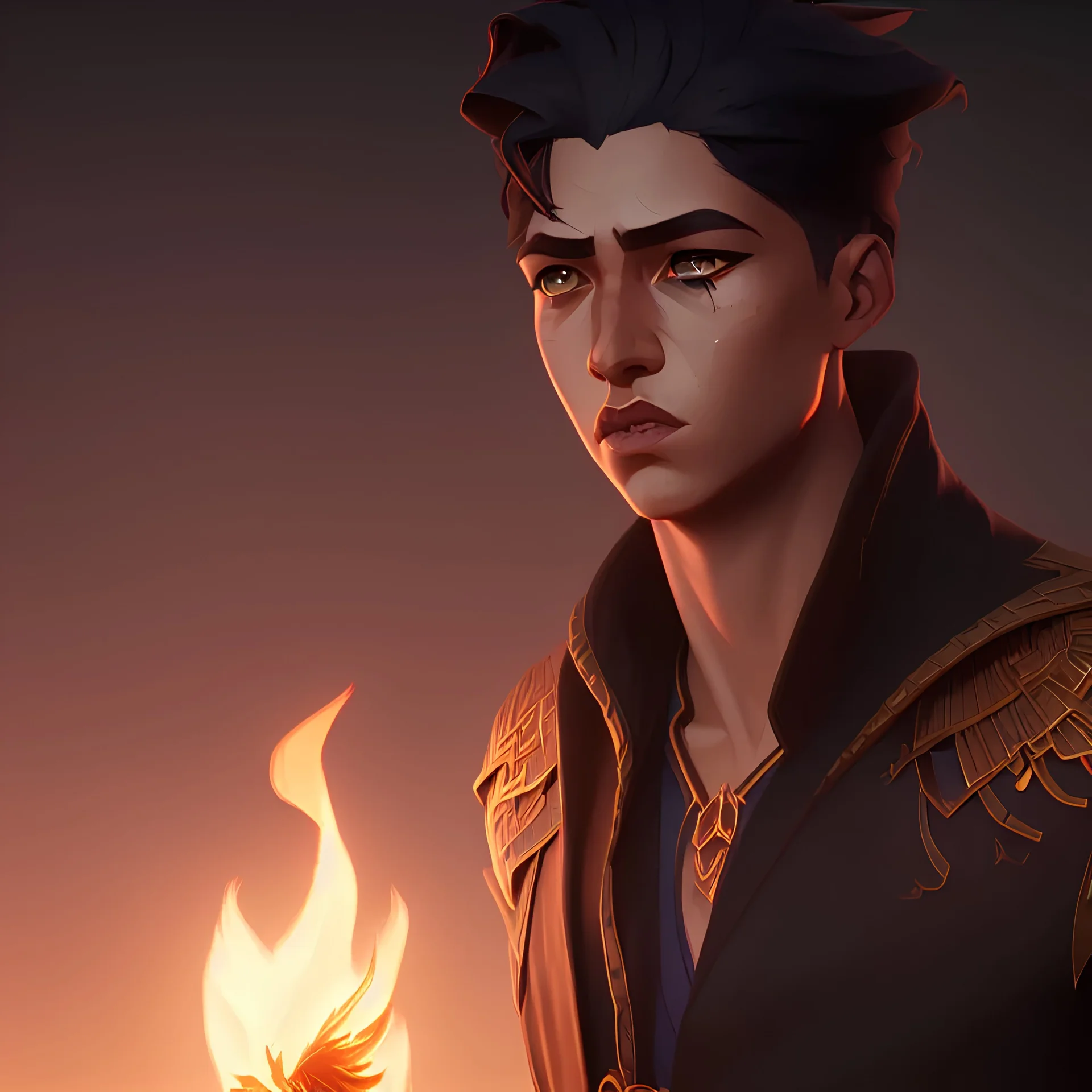 young man, short dark hair, ancient Egypt, feather earring, flames as clouds, magnificent, majestic, highly intricate, incredibly detailed, ultra high resolution, complex 3d render,