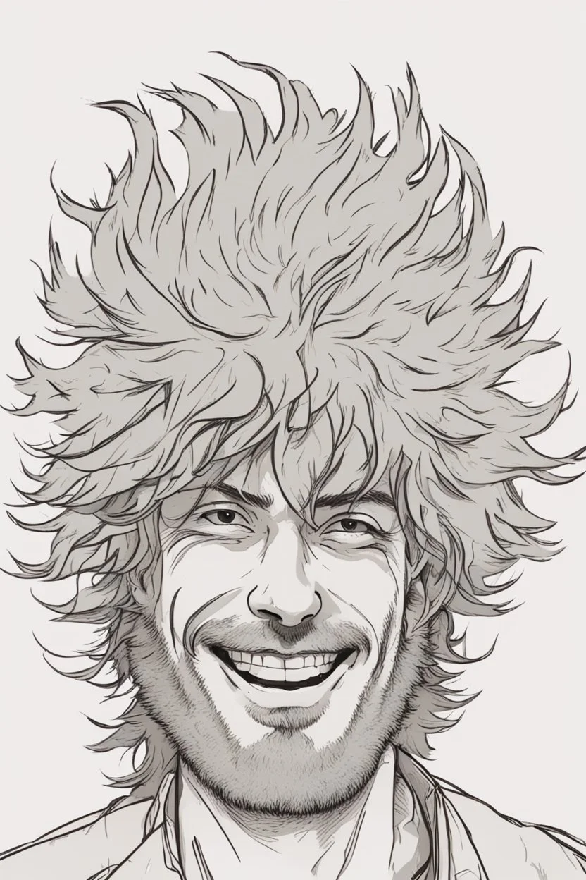 deranged smiling man with messy hair and stubble