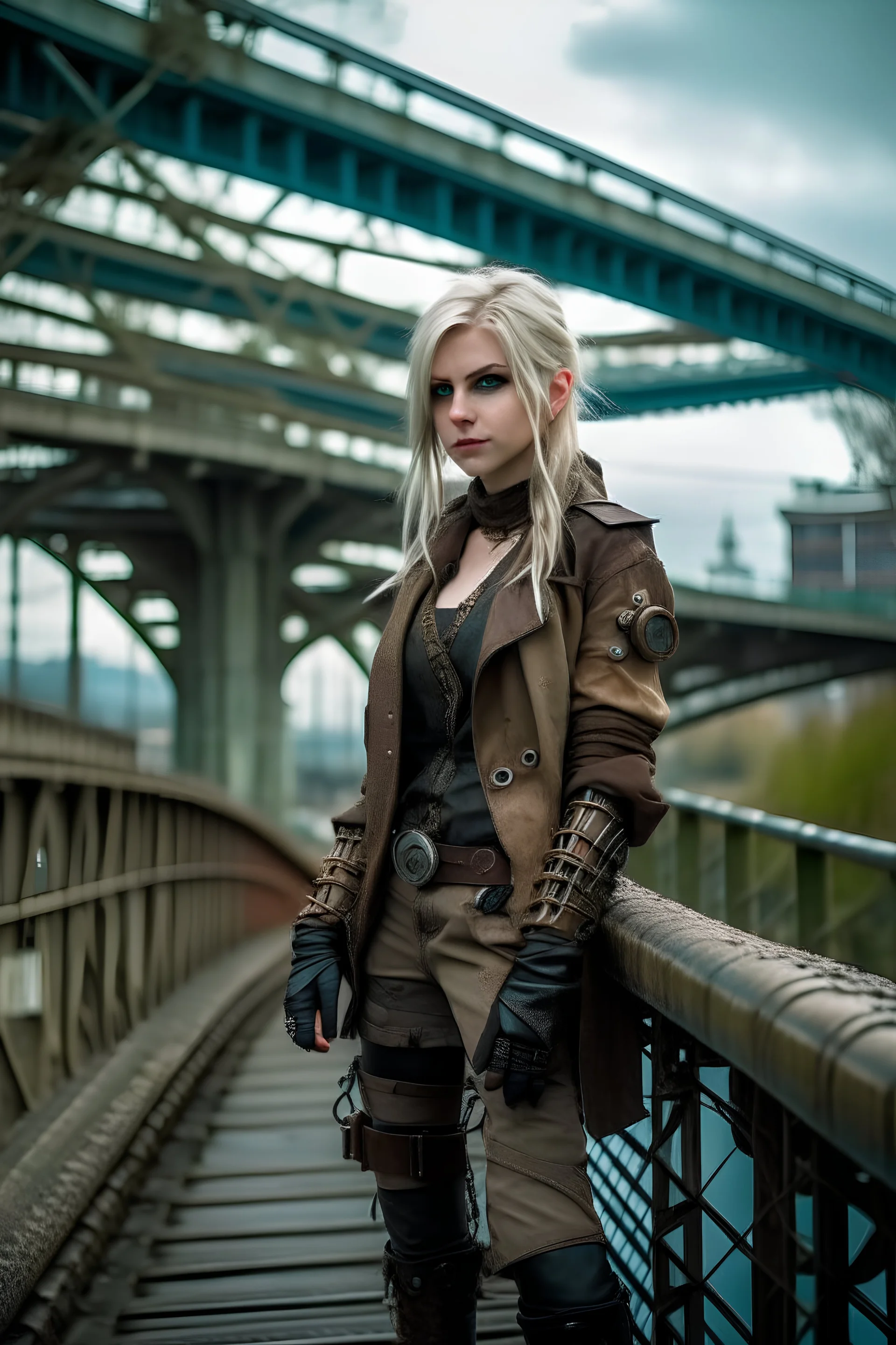 gril Cyberpunk theme standing on the bridge look into the camera I have a bracelet on my arm he has a vest and high boots blond hair