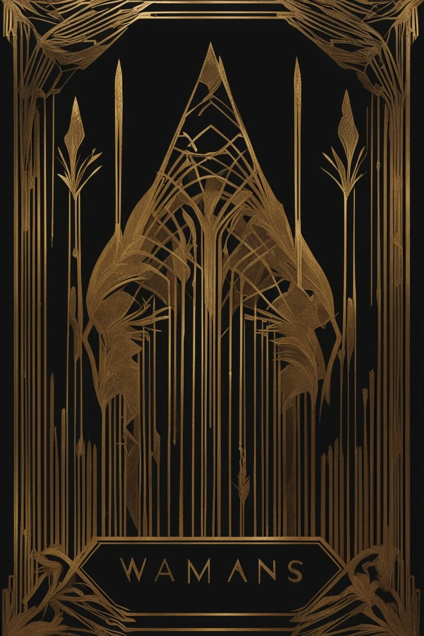 gold art deco border made of wands on a book cover, delicately designed on a black background