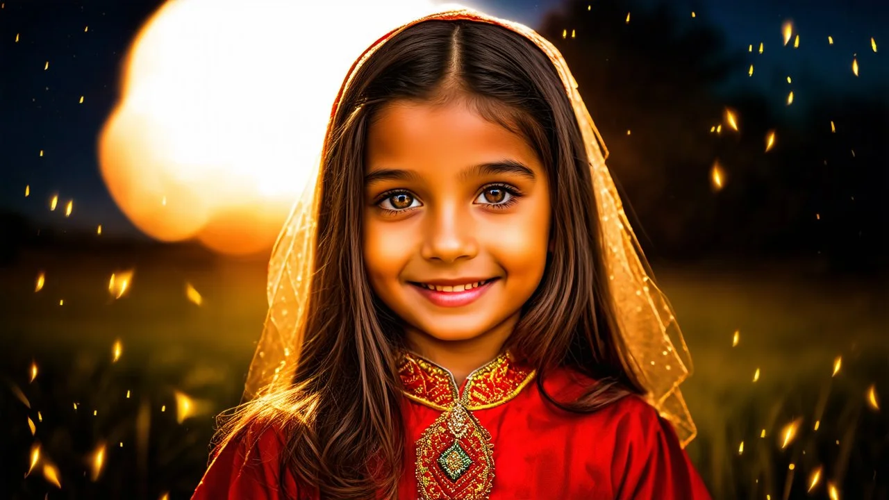 little very young Moroccan girl, beautiful, peaceful, gentle, confident, calm, wise, happy, facing camera, head and shoulders, traditional Moroccan costume, perfect eyes, exquisite composition, night scene, fireflies, stars, Moroccan landscape, beautiful intricate insanely detailed octane render, 8k artistic photography, photorealistic concept art, soft natural volumetric cinematic perfect light, chiaroscuro, award-winning photograph, masterpiece, Raphael, Bouguereau, Alma-Tadema